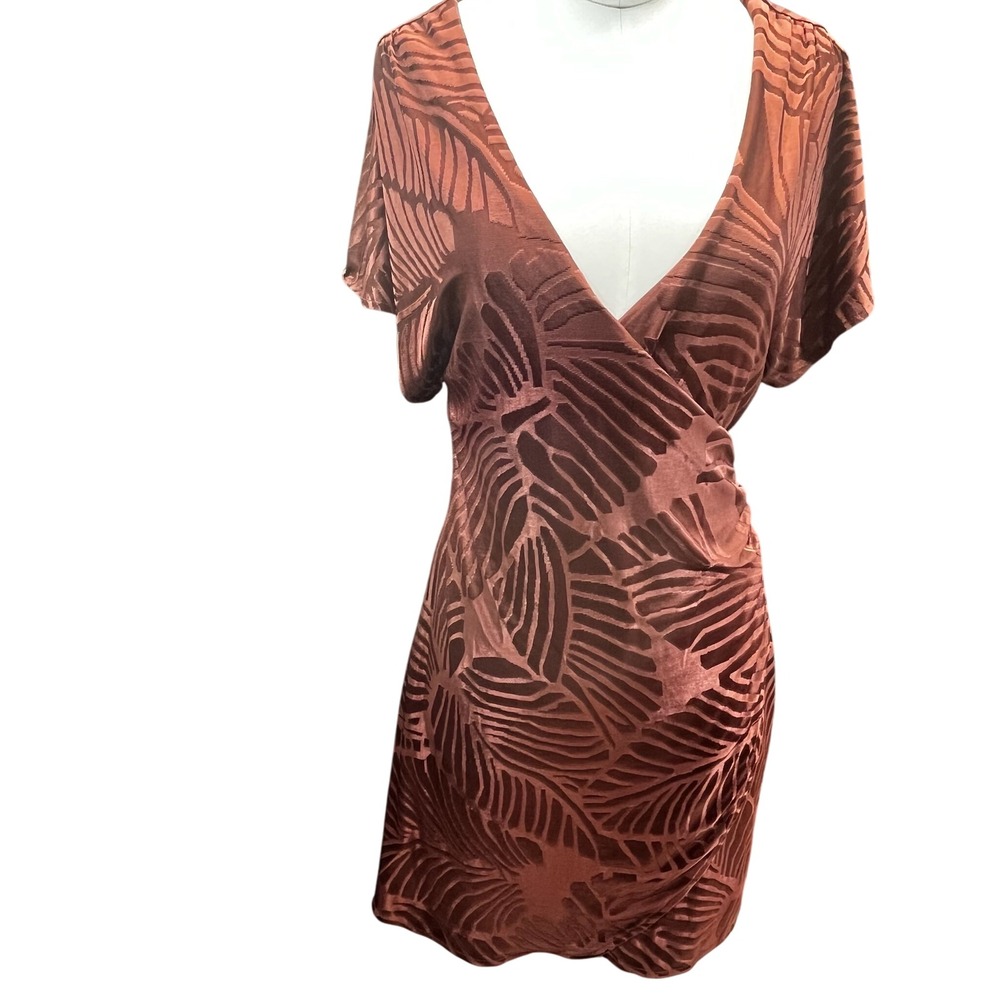 Anthropologie Women Palm Burnout Mini Dress Small Rust Brown Ruched Wrap Flutter